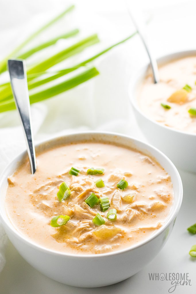 Low Carb Buffalo Chicken Soup in a white bowl