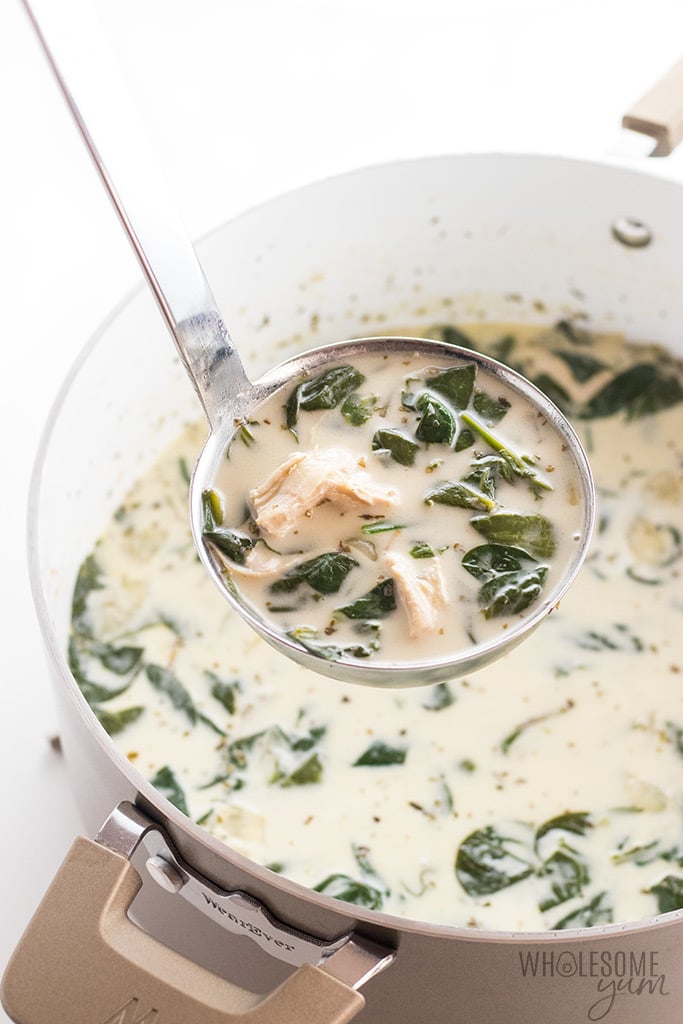 Creamy Chicken Florentine Soup Recipe - This easy, creamy chicken florentine soup recipe is easy to make using just a few common ingredients. Healthy, delicious, and ready in only 20 minutes! Naturally low carb and gluten-free, with options for paleo, dairy-free and whole 30, too.