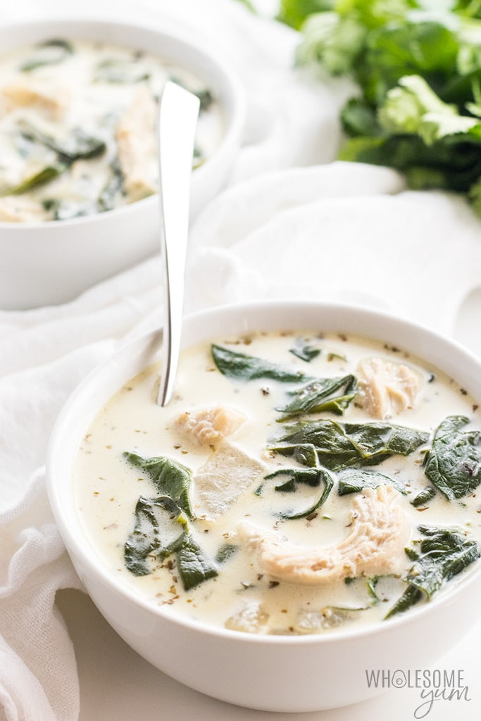 Creamy Chicken Florentine Soup Recipe - This easy, creamy chicken florentine soup recipe is easy to make using just a few common ingredients. Healthy, delicious, and ready in only 20 minutes! Naturally low carb and gluten-free, with options for paleo, dairy-free and whole 30, too.