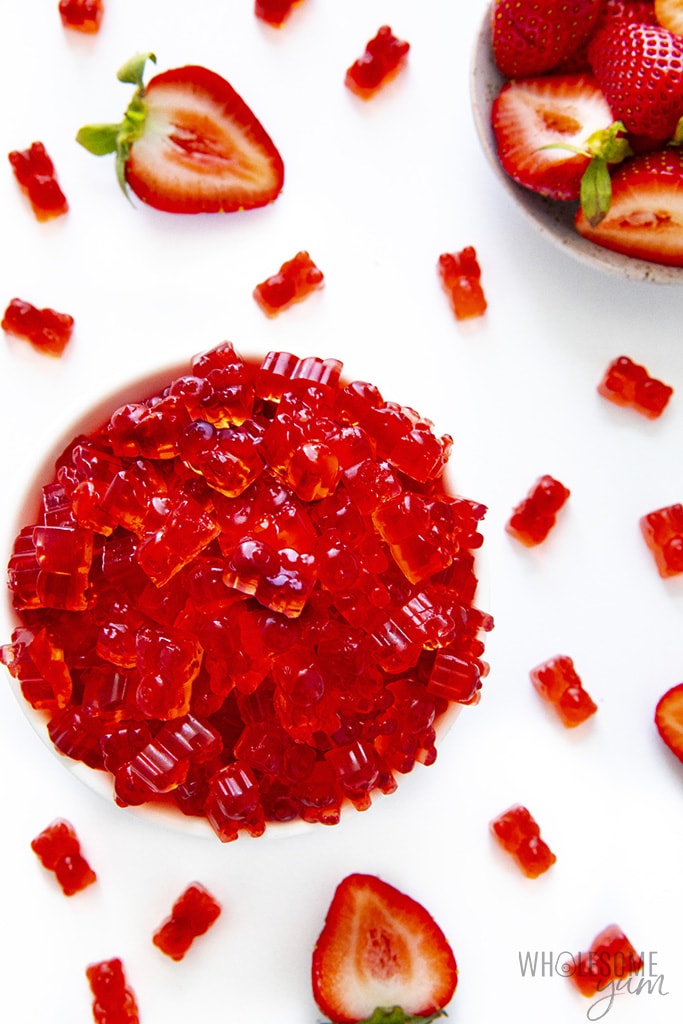 Strawberry sugar-free gummy bears in a bowl
