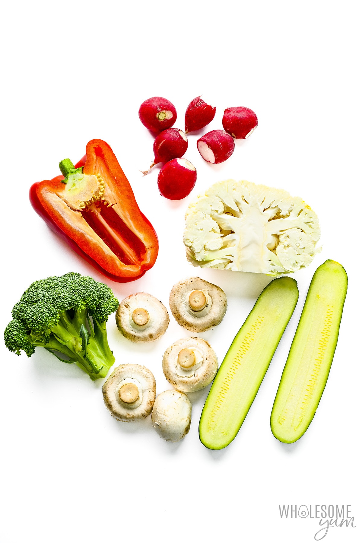 Low carb vegetables including broccoli, bell pepper, and cauliflower.