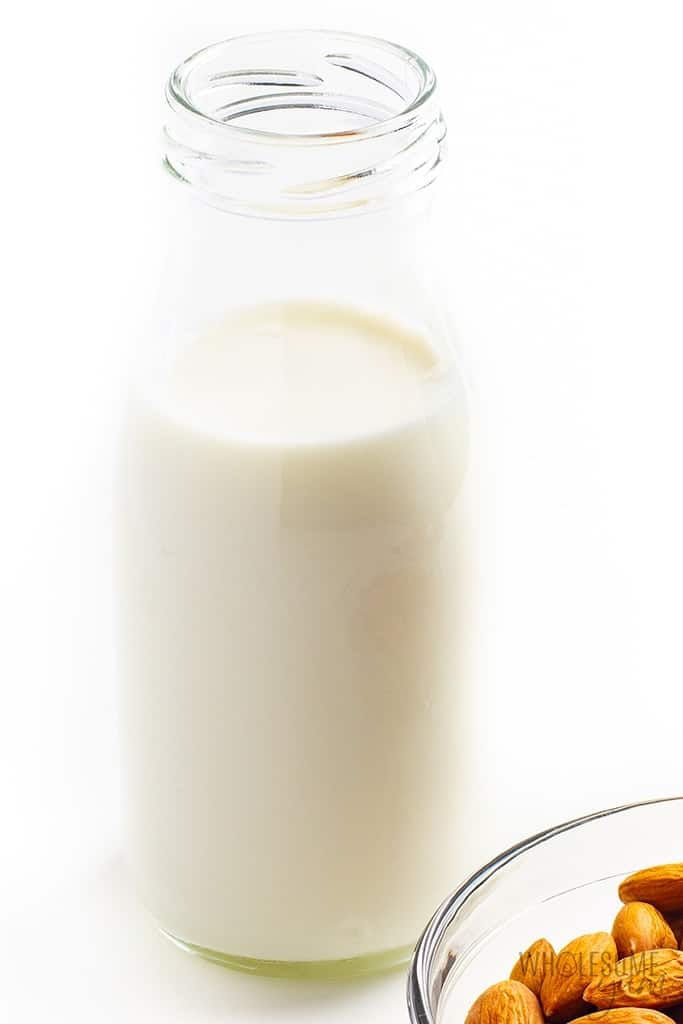 Homemade almond milk in a bottle