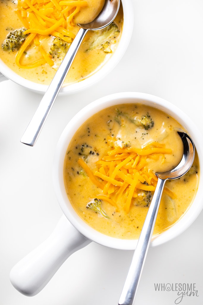 Two bowls of low carb broccoli cheese soup