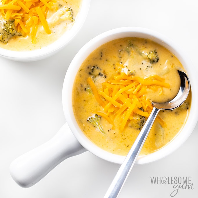 Easy broccoli cheese soup in bowl with spoon Detail: broccoli-cheese-soup-low-carb-gluten-free-3