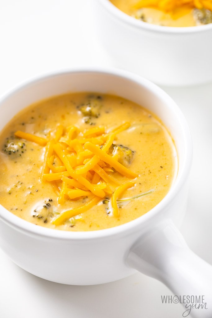 Easy broccoli cheese soup recipe - side view in soup bowl