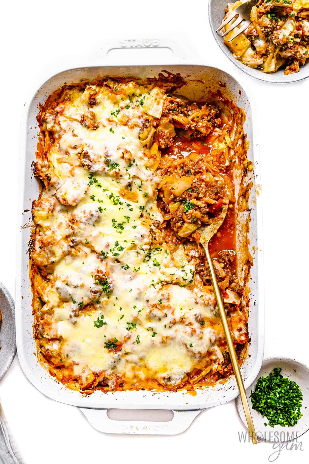Cabbage roll casserole in a baking dish. 