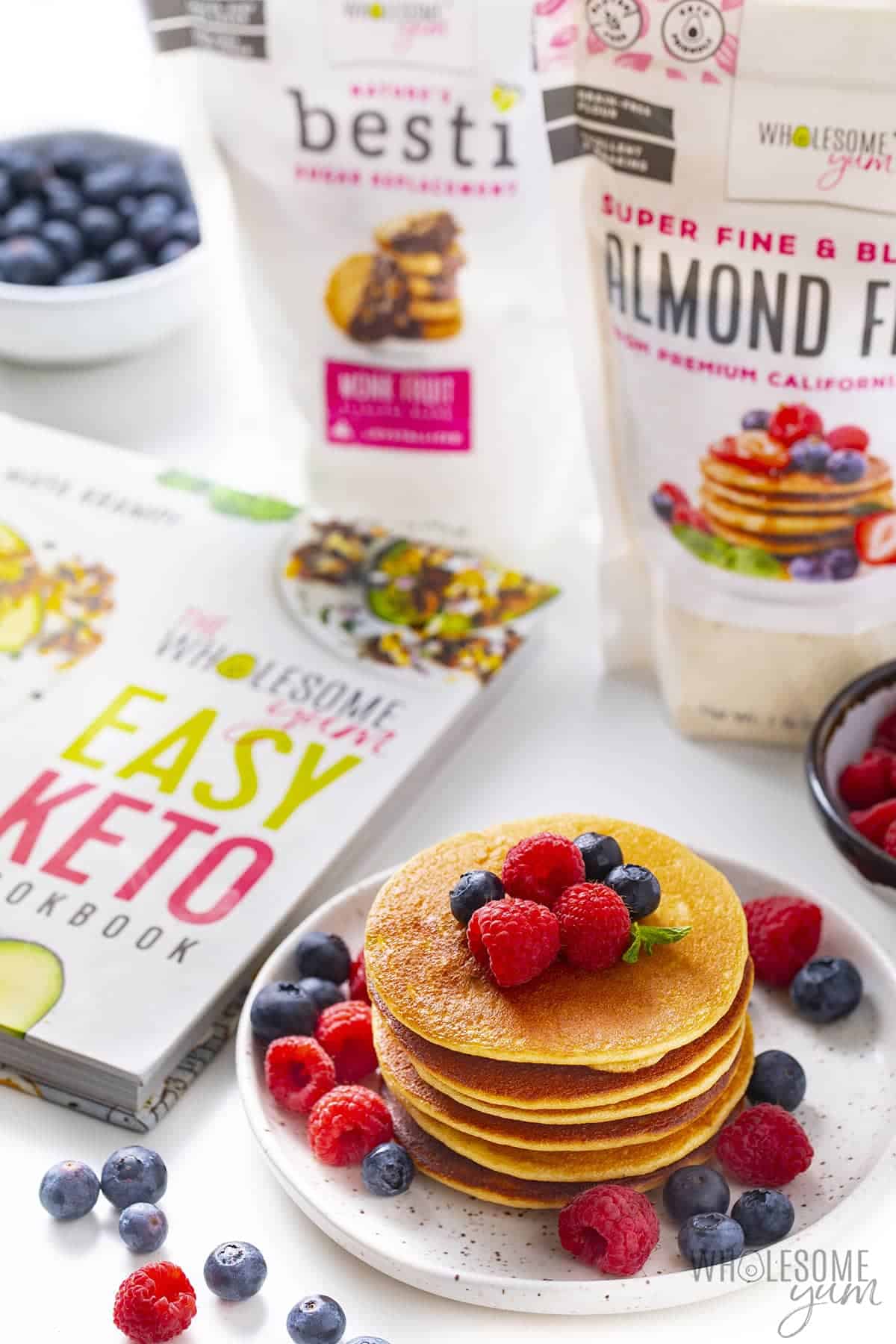 Keto almond flour pancakes with Easy Keto Cookbook, Wholesome Yum Almond Flour, and Besti Monk Fruit Allulose Blend.