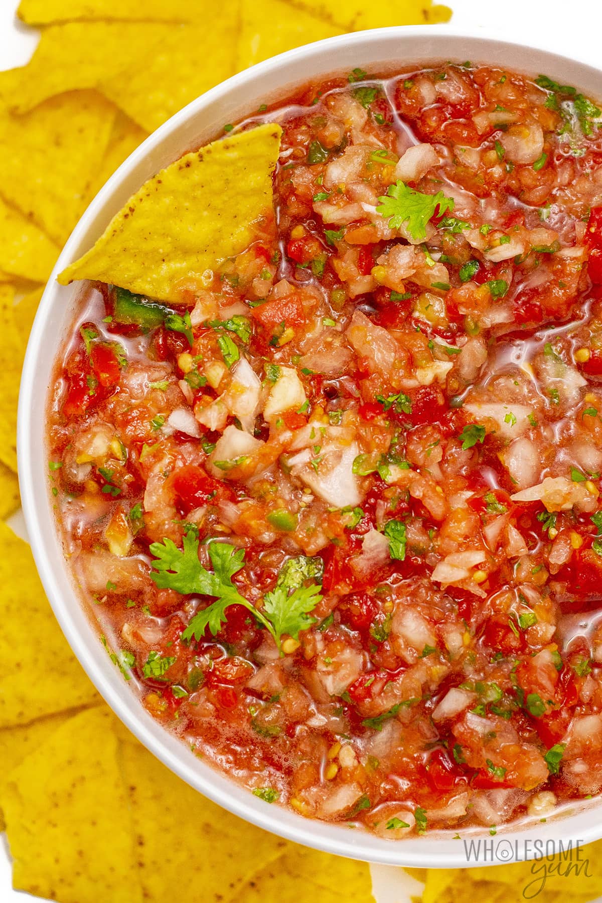 Close up of homemade salsa with chips.