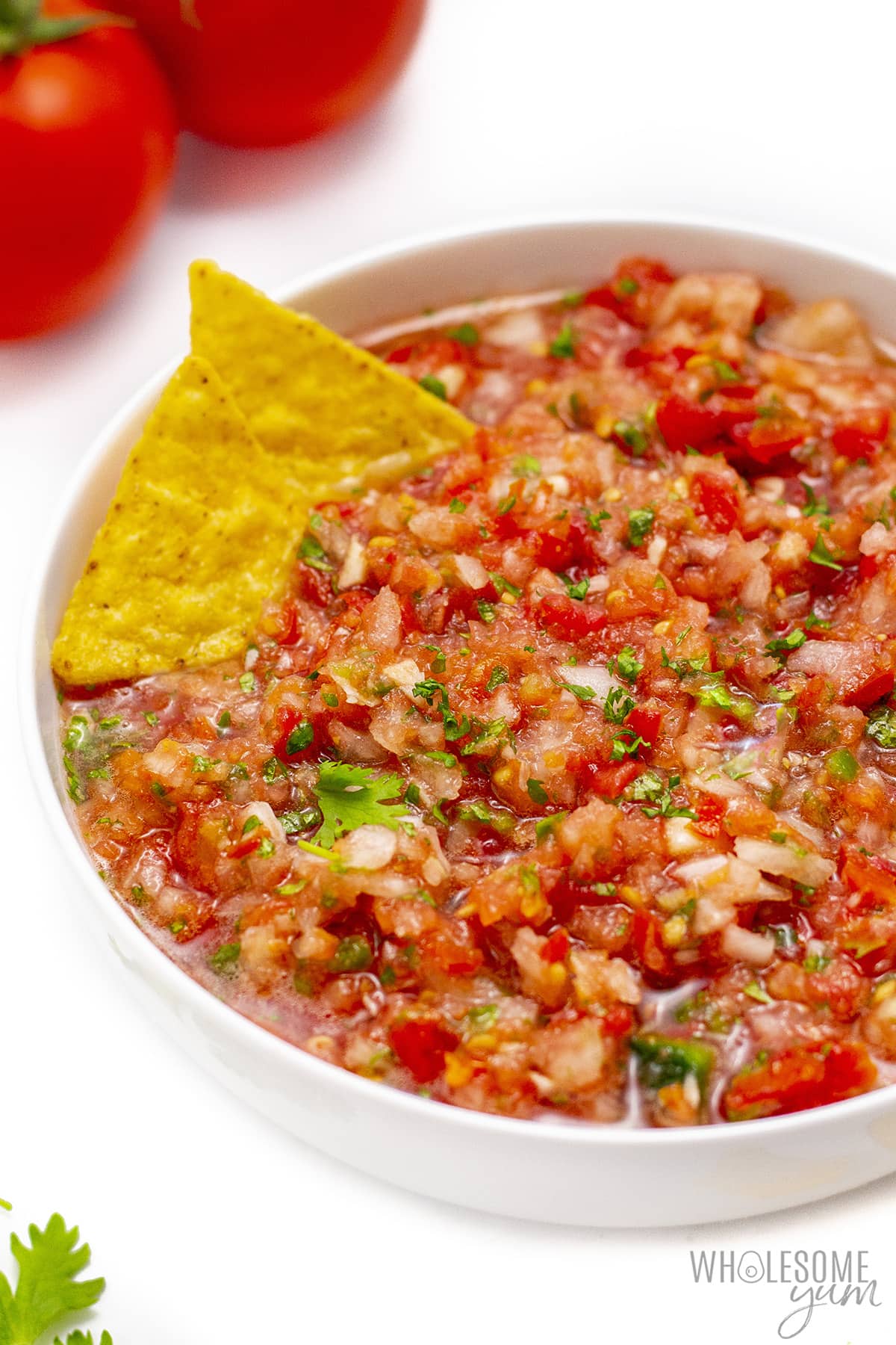 Homemade salsa recipe with two tortilla chips dipped.