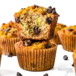 Healthy zucchini muffins stacked.