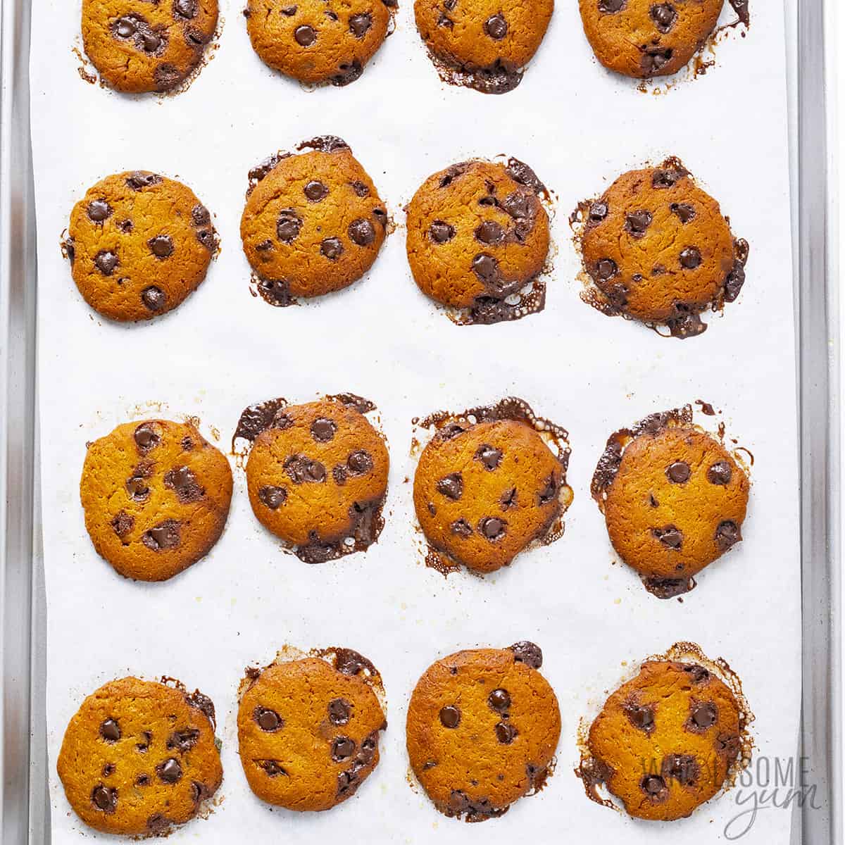 Fully baked protein cookie recipe on baking sheet