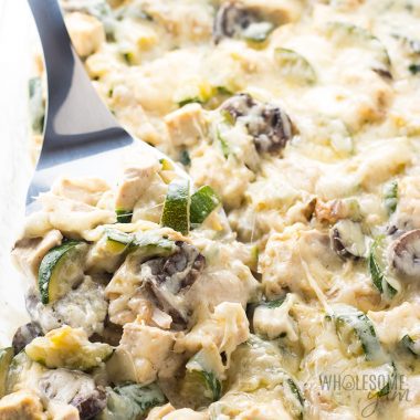 Low Carb Chicken Zucchini Casserole Recipe with Gruyere Cheese Sauce - This low carb chicken zucchini casserole recipe comes with a delicious gruyere cheese sauce - and an EASY method to avoid a watery zucchini casserole! Detail: low-carb-chicken-zucchini-casserole-recipe-with-gruyere-cheese-sauce-2