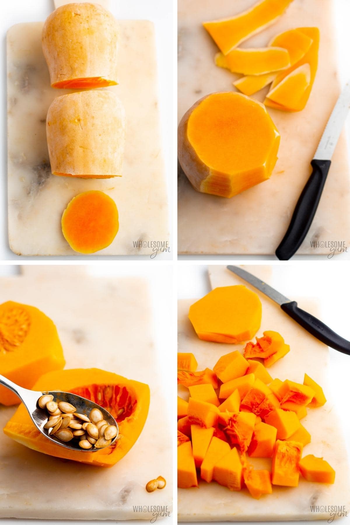 Visual showing how to cut butternut squash for soup.