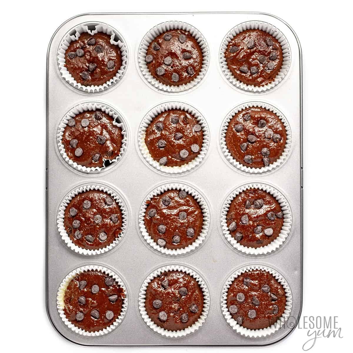 Muffin batter spooned into muffin tin