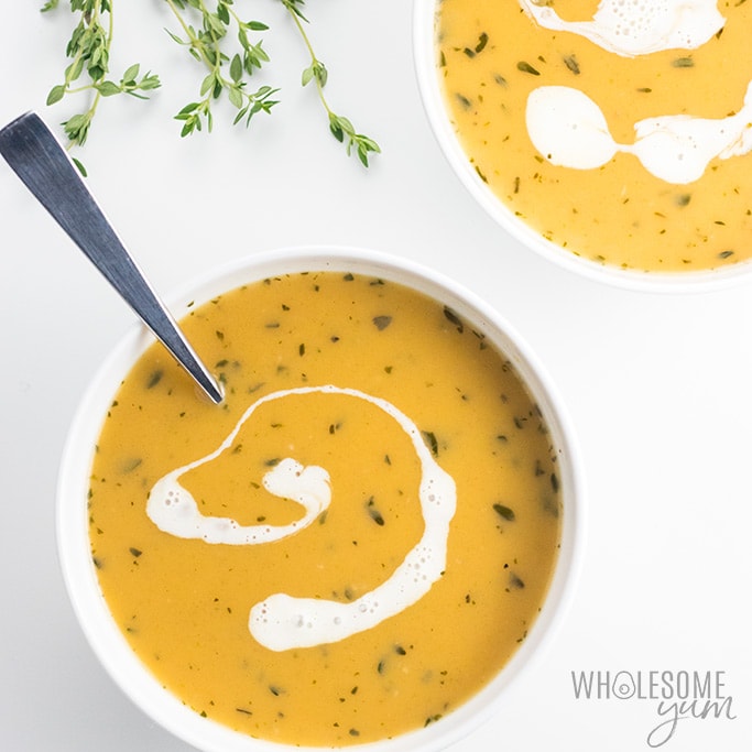 Creamy Low Carb Paleo Butternut Squash Soup Recipe with Coconut Milk - This paleo butternut squash soup recipe is so comforting for fall and winter! Creamy low carb butternut squash soup with coconut milk is dairy-free, nut-free and super easy to make. Detail: creamy-low-carb-paleo-butternut-squash-soup-recipe-with-coconut-milk-5