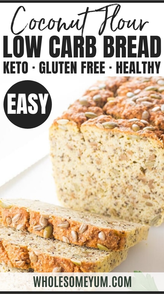 Keto Low Carb Coconut Flour Bread Recipe - A low carb coconut flour bread recipe packed with seeds, for a delicious multi-grain taste without nuts or grains! Keto paleo bread made with coconut flour is perfect for sandwiches.