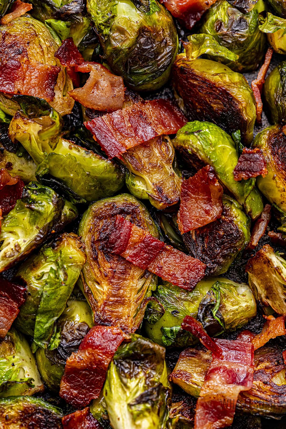Pan fried Brussels sprouts close up.