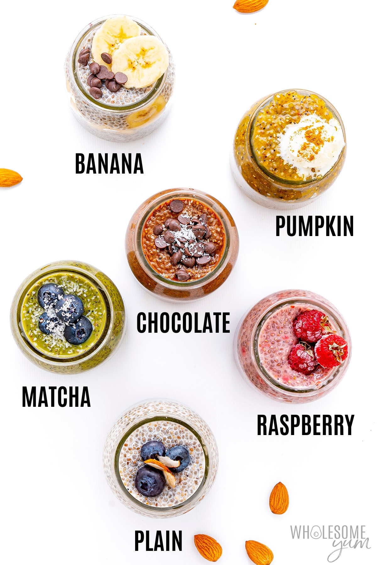 Chia seed pudding recipe in 5 flavors in jars, with toppings.