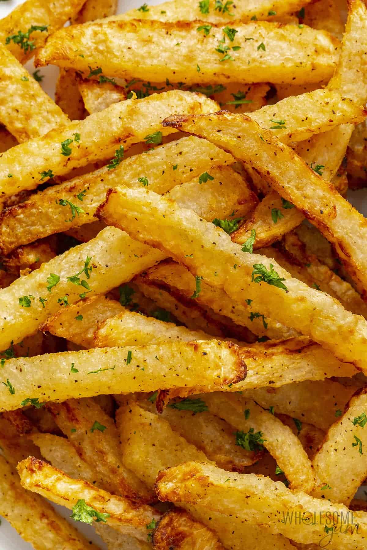Air fryer jicama fries close up.