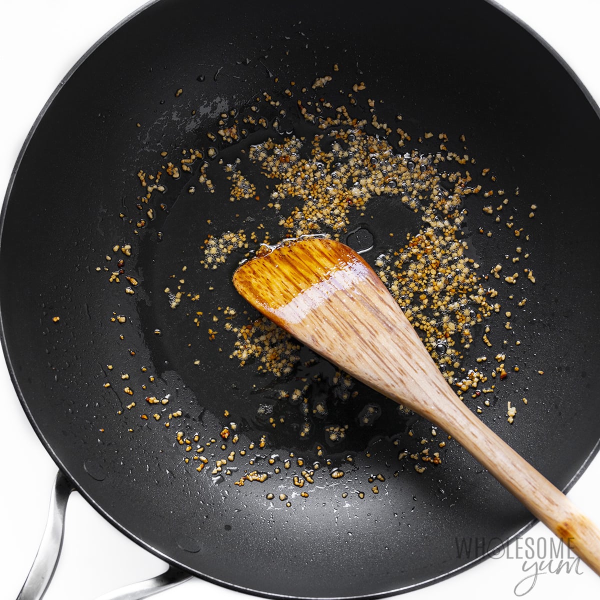 Fried garlic in a pan.