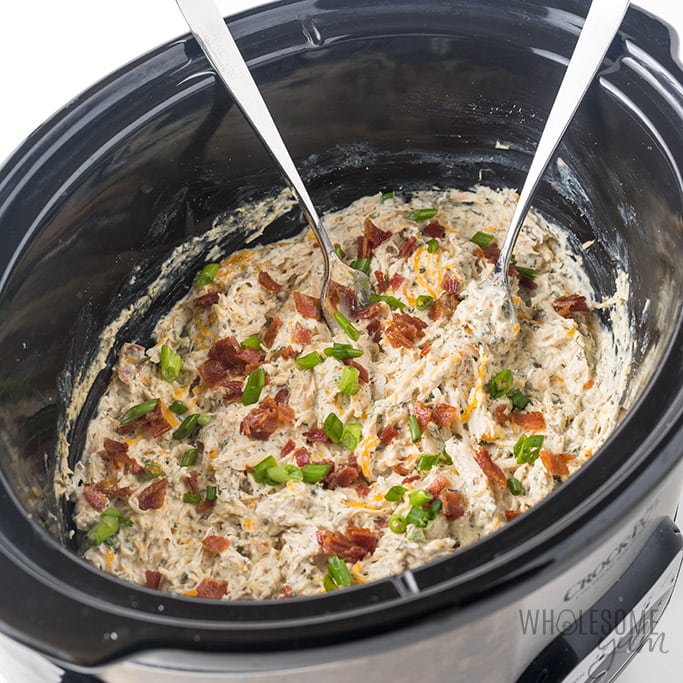 Crock Pot Slow Cooker Crack Chicken Recipe - Chicken with toppings side view