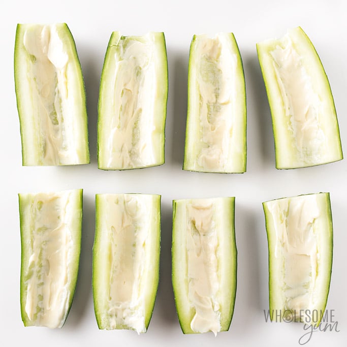 Cucumber subs recipe - Cucumbers shown with mayo spread inside