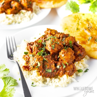 Chicken curry recipe on a plate.