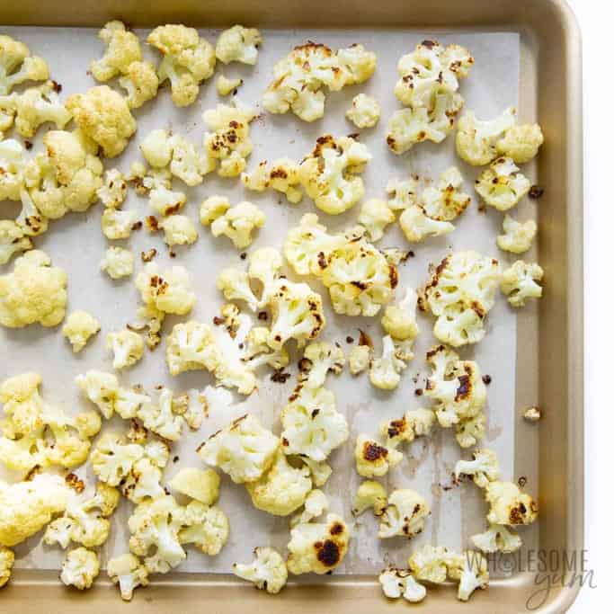 Roasted cauliflower for soup, on a sheet pan