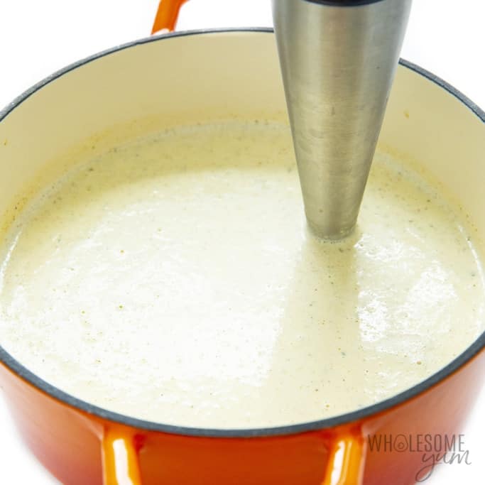 Creamy cauliflower soup pureed with an immersion blender