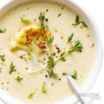 Cauliflower soup recipe close up in a bowl