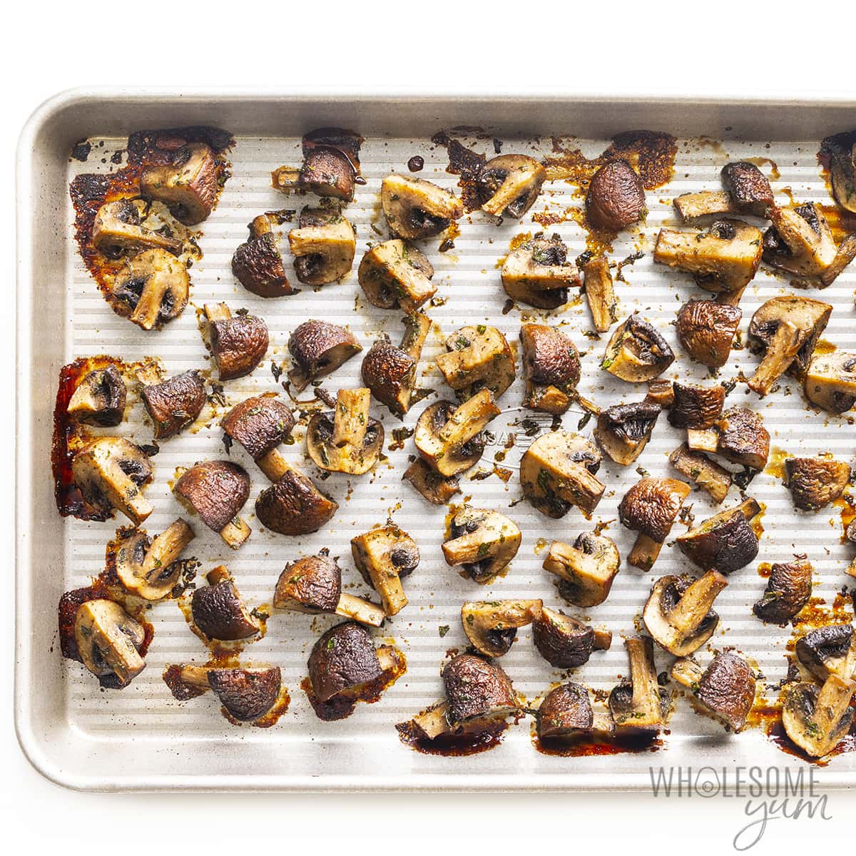 Oven roasted mushrooms on sheet pan.