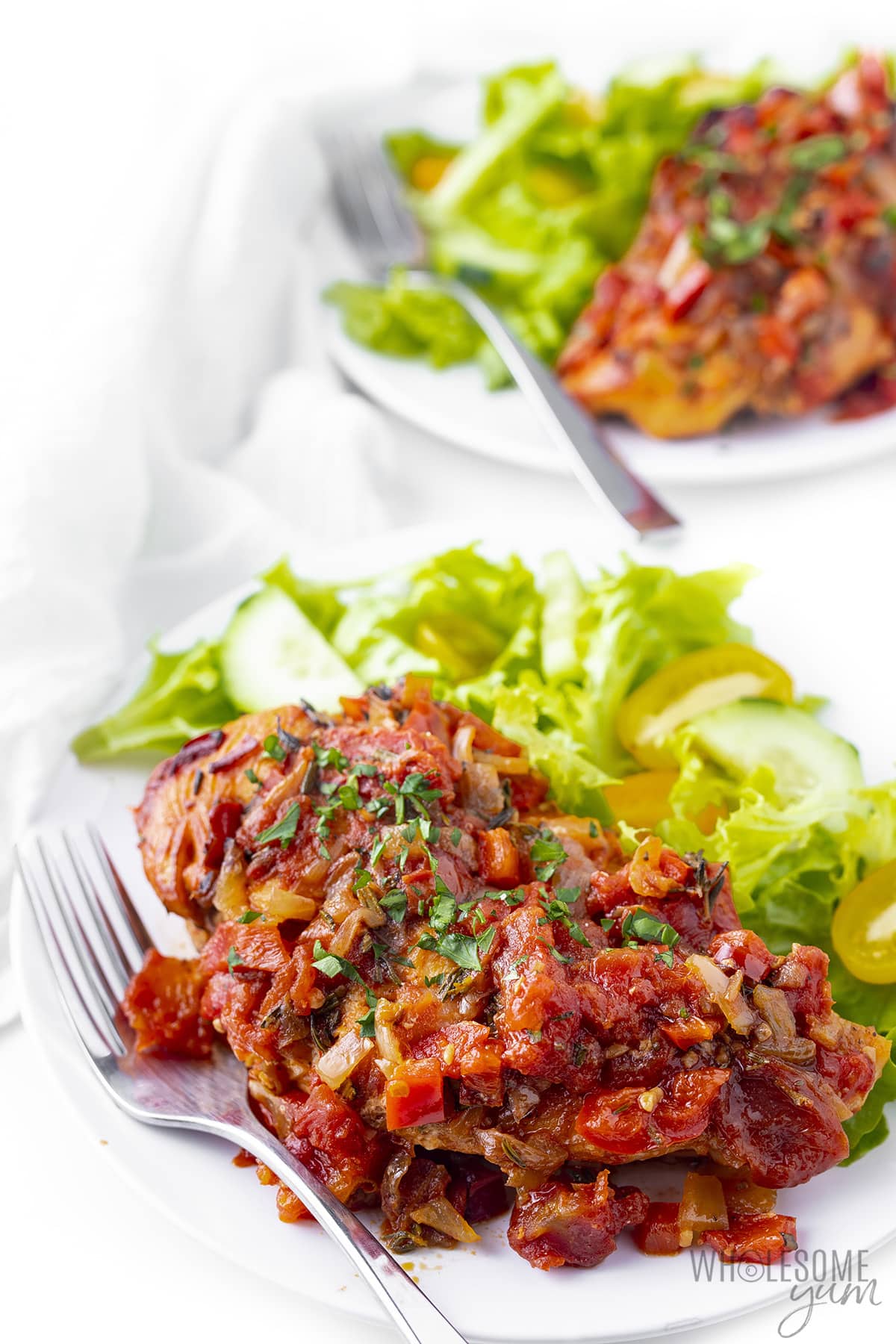 Slow cooker chicken cacciatore on a plate with salad