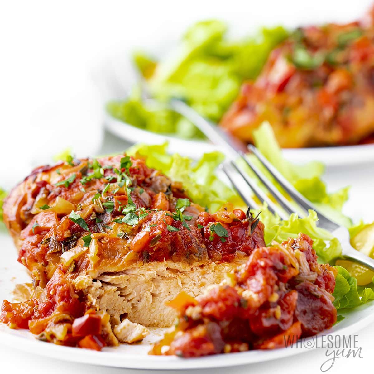 Slow cooker chicken cacciatore on a plate with a fork and salad.