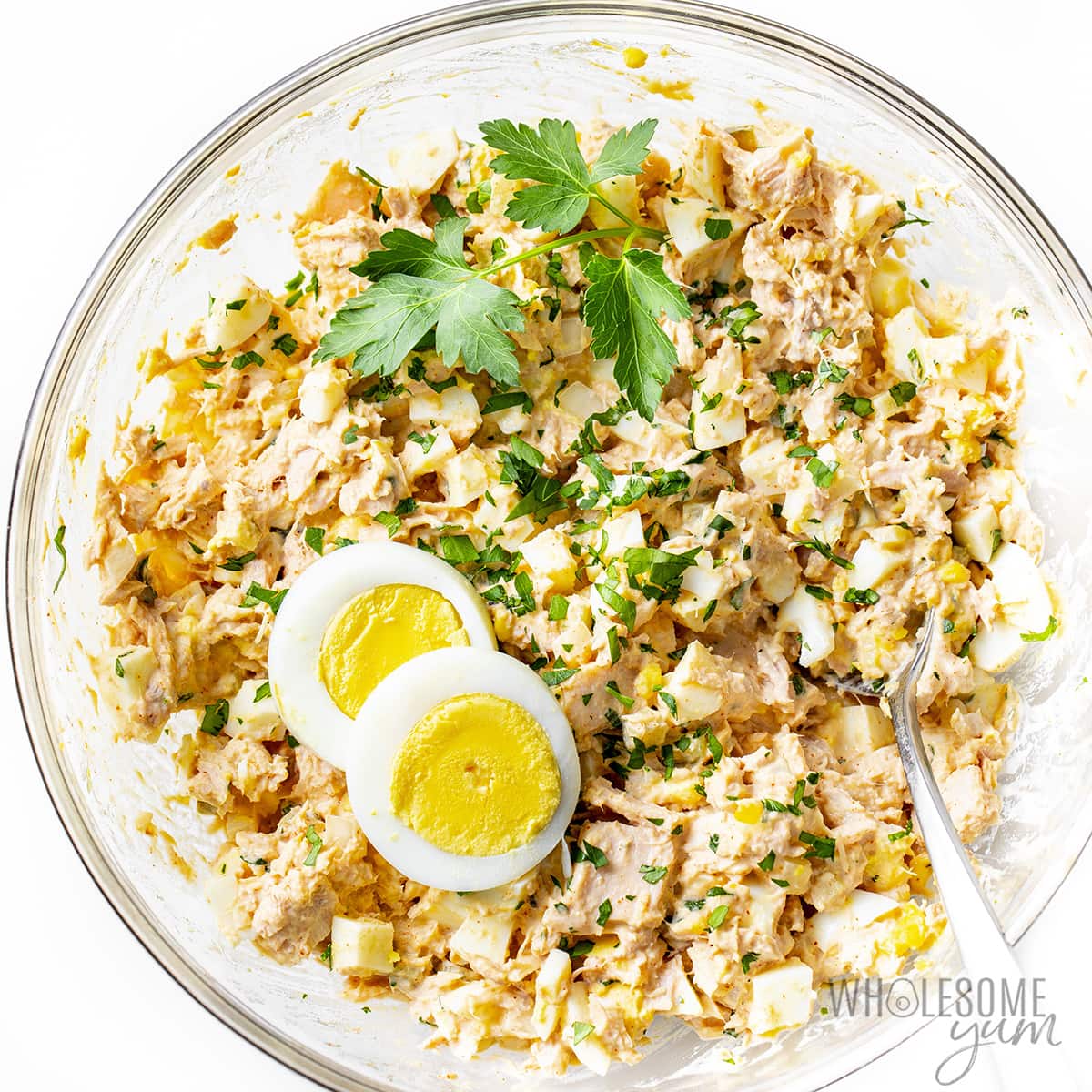 Tuna salad with egg recipe in a bowl.