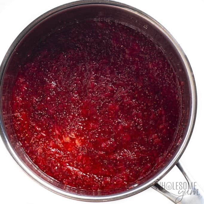 Thickened chia seed jam in a saucepan