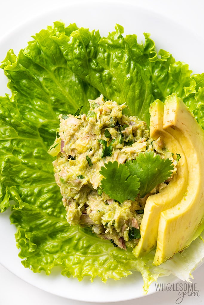 Avocado tuna salad in a lettuce wrap
