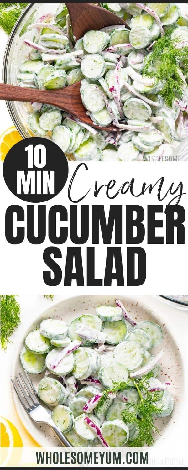 Creamy cucumber salad recipe pin.