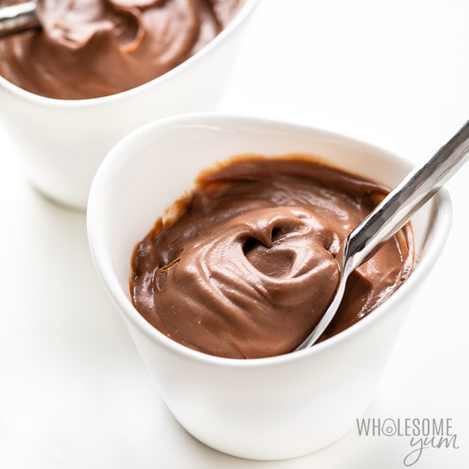 keto chocolate pudding in two small bowls