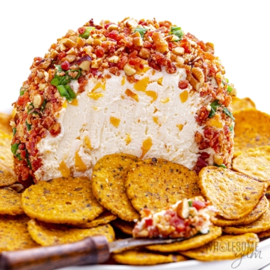 Cheese ball recipe on a platter.