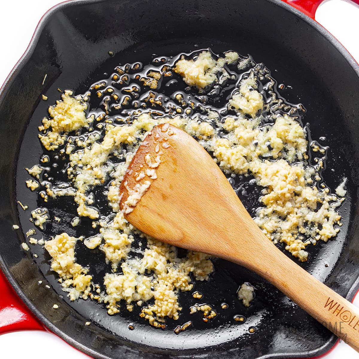 Garlic and ginger in a skillet.