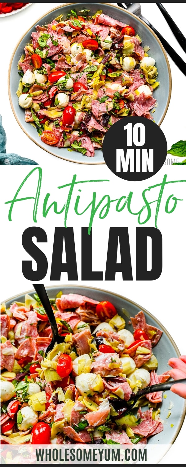 Antipasto salad recipe pin.