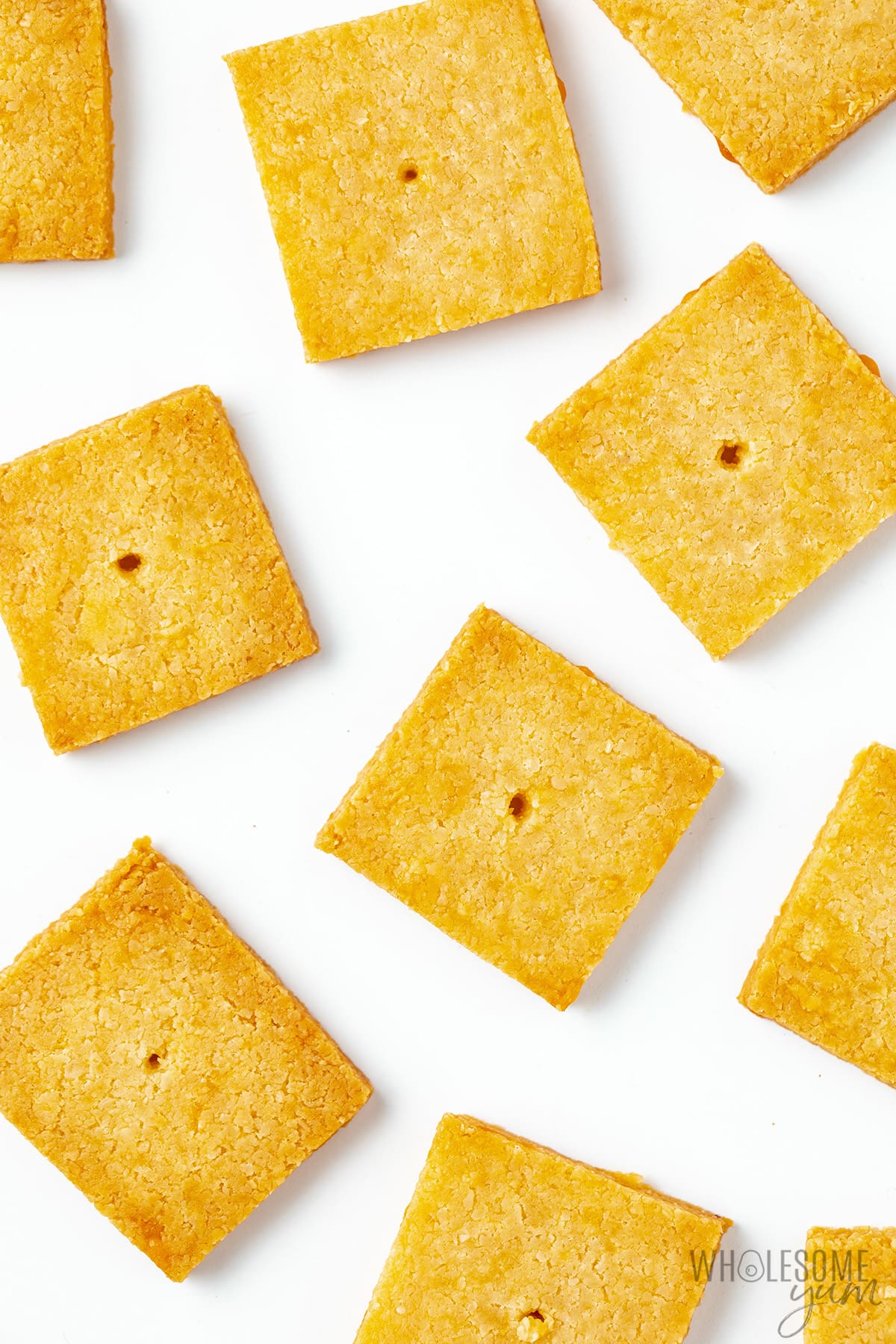 Cheese crackers on a white background.