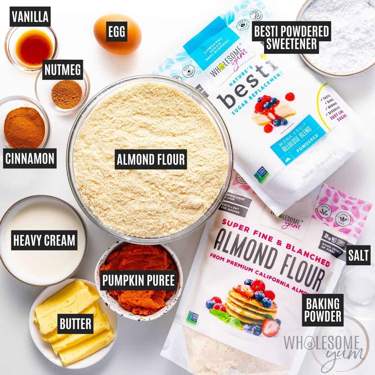 Ingredients for healthy pumpkin cookies and vanilla glaze.