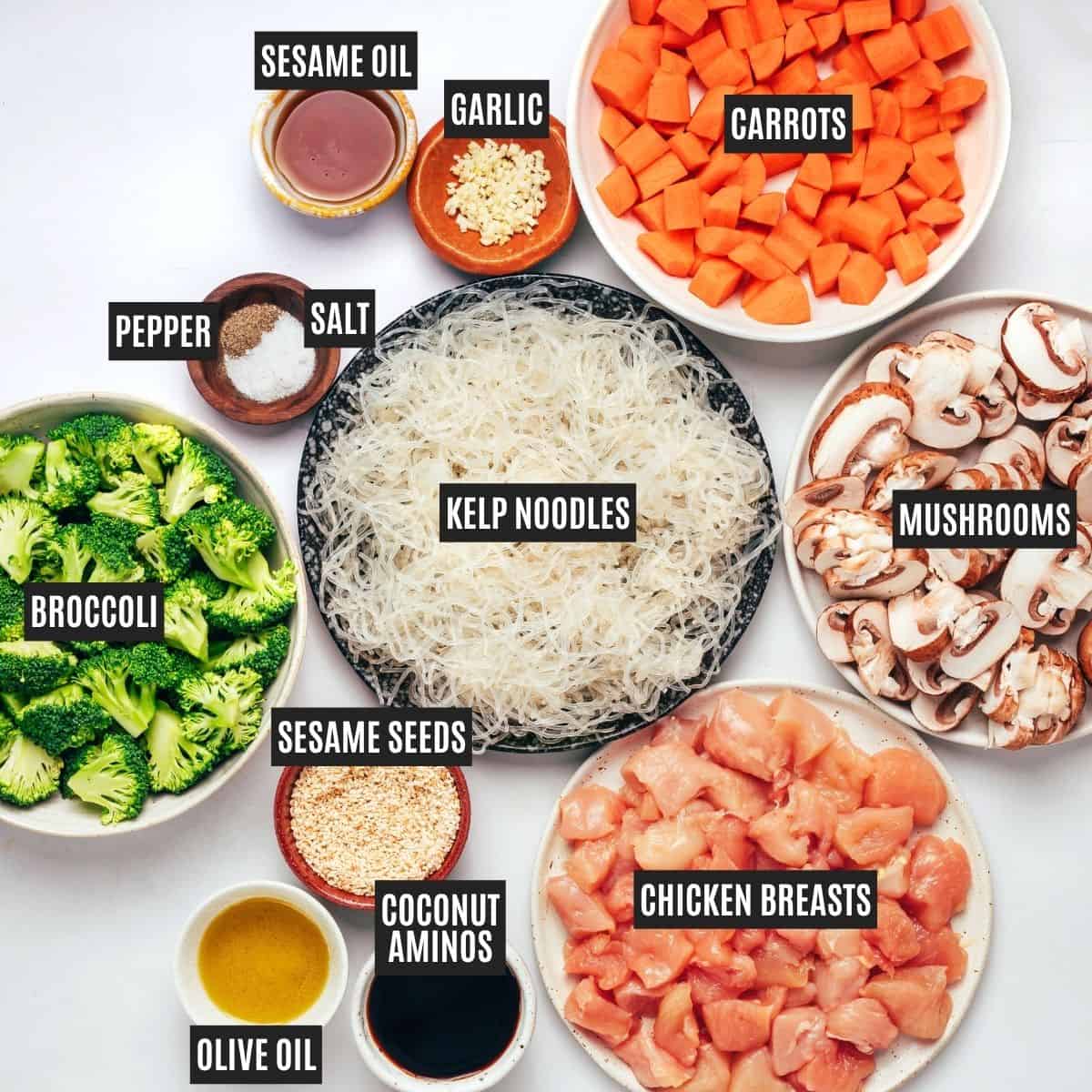 Labeled recipe ingredients: Kelp noodles, boneless skinless chicken breast, mushrooms, broccoli, carrots, olive oil, coconut aminos, toasted sesame oil, garlic, sesame seeds, sea salt, and black pepper.