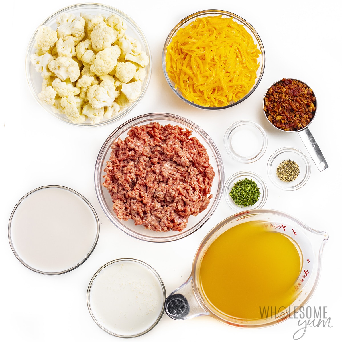Cheeseburger Soup Recipe Ingredients in a bowl.