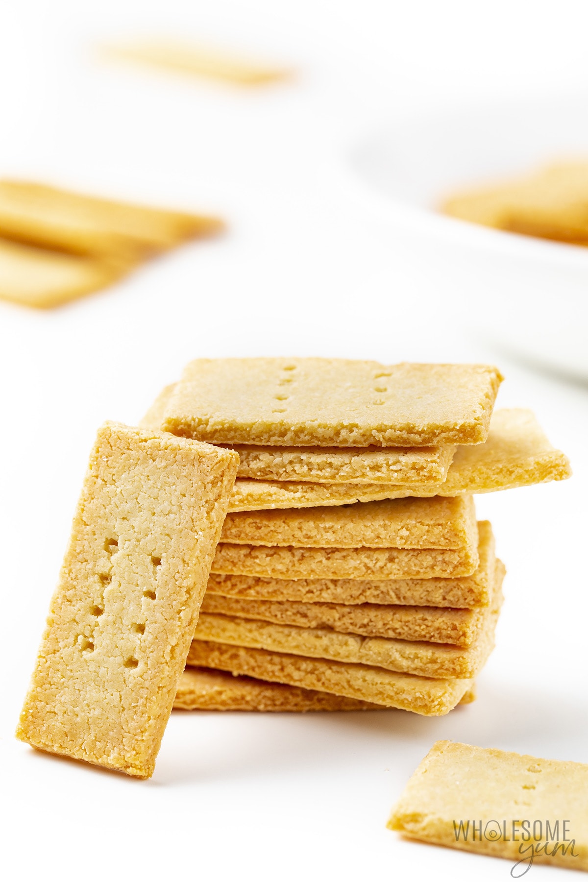 Low carb crackers stacked in a pile with one cracker leaning against the stack. 
