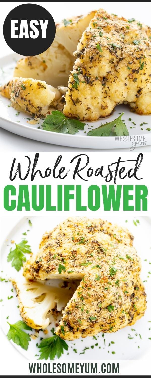 Whole roasted cauliflower recipe pin.