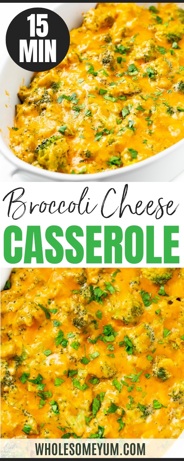 Broccoli cheese casserole recipe pin.