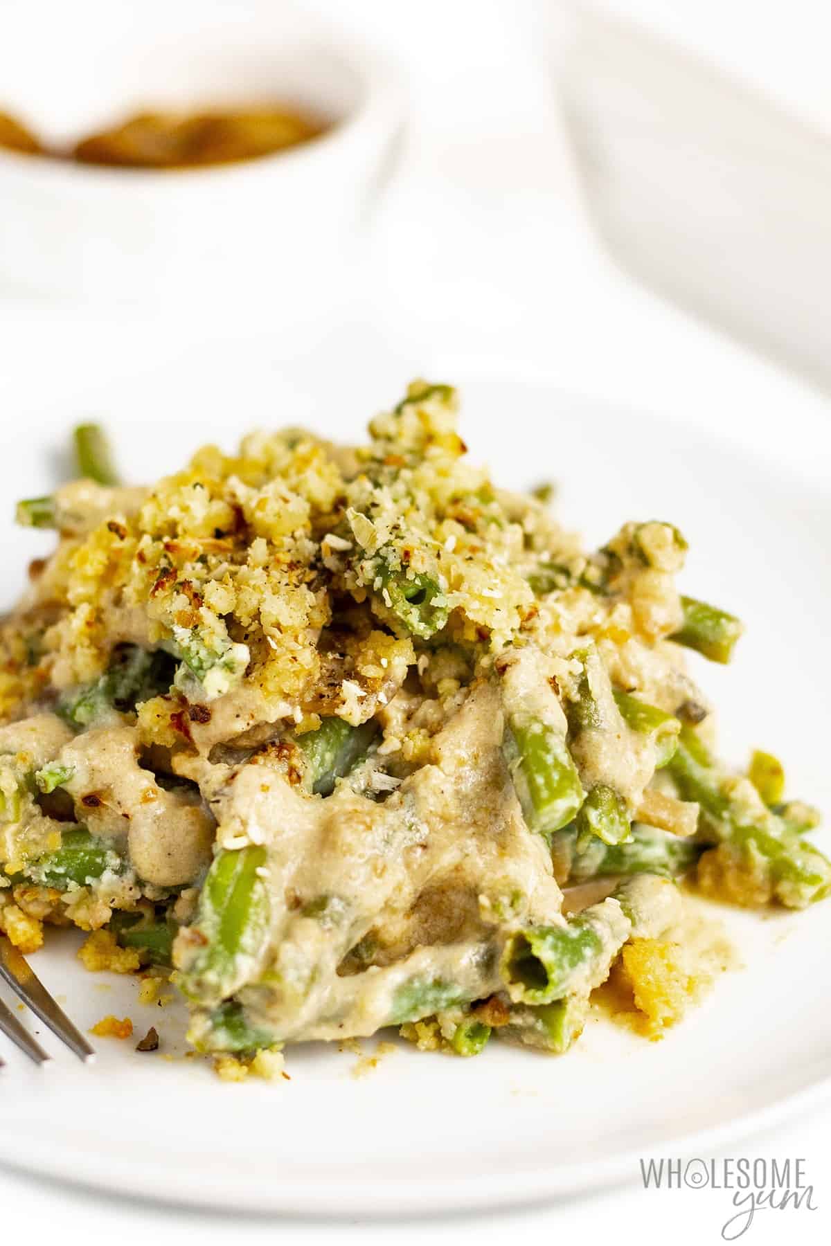 Low carb green bean casserole on a plate
