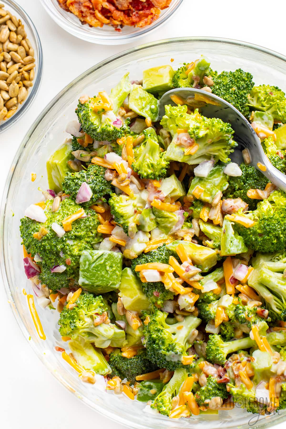 Broccoli bacon salad served in a large bowl.